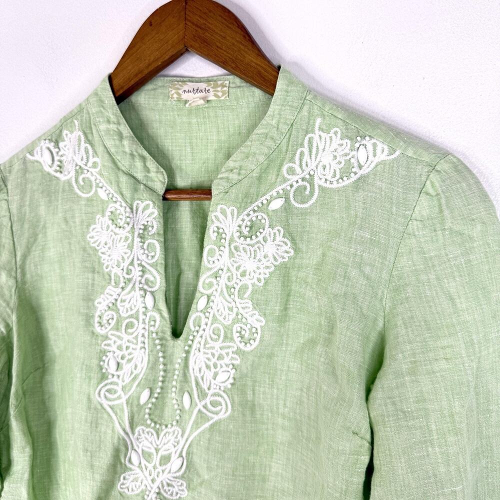 Green Embroidered 100% Linen Nurture Top Blouse Medium 3/4 Sleeve Tunic Boho